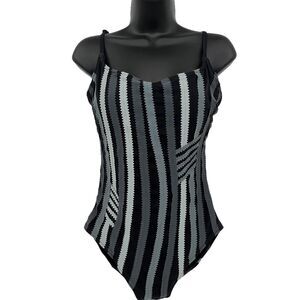 Vintage Gottex Black Gray Pinked Striped‎ One Piece Sz 10